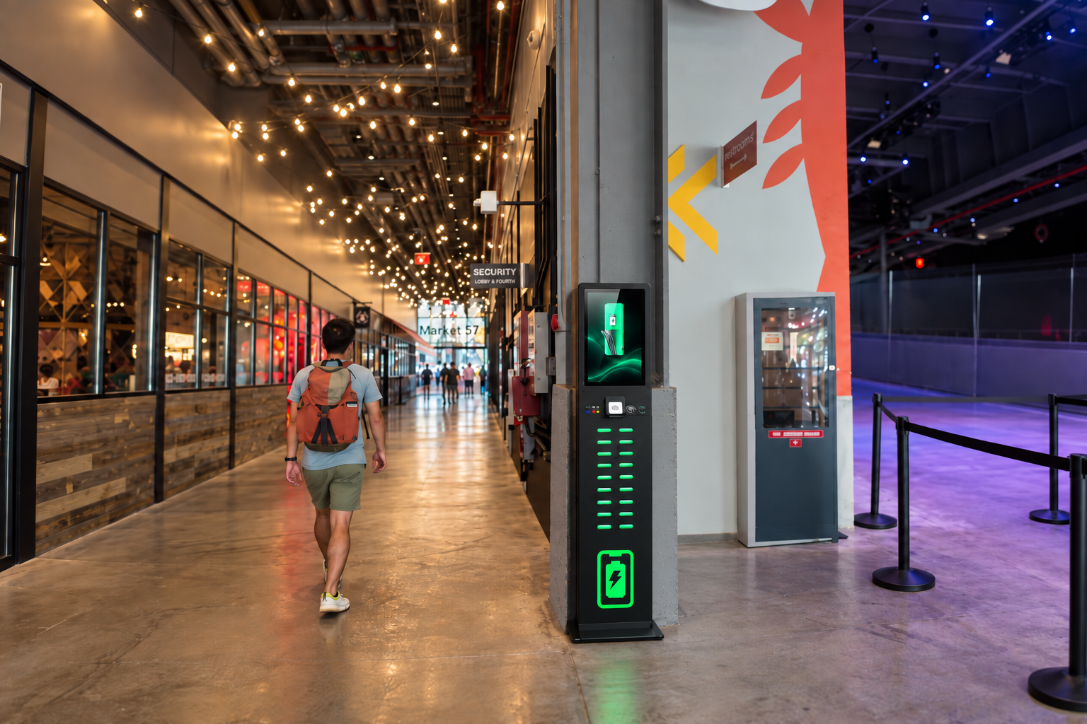 Guest PowerUp portable charging station placed along Market 57 concourse at Pier 57