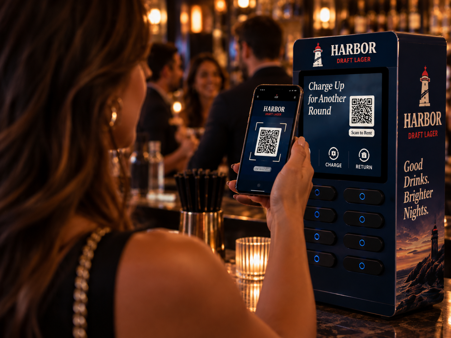 Guest scanning QR code on the branded charging station with mobile phone
