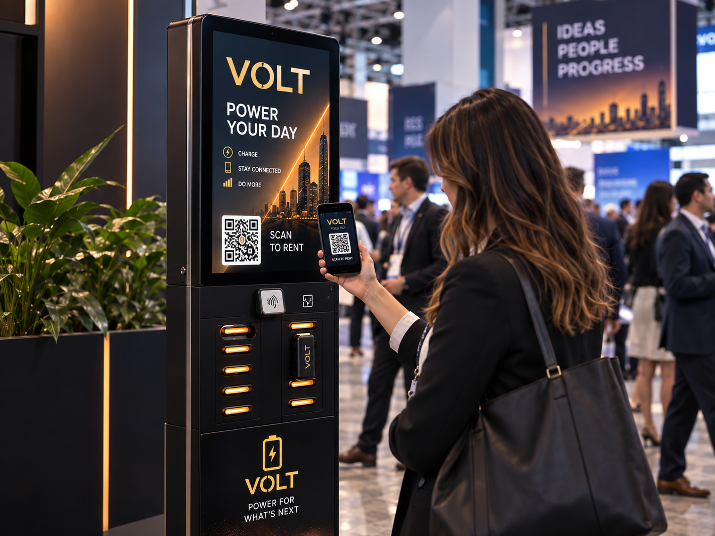 A conference attendee scanning the QR code on a VOLT-branded charging station digital screen