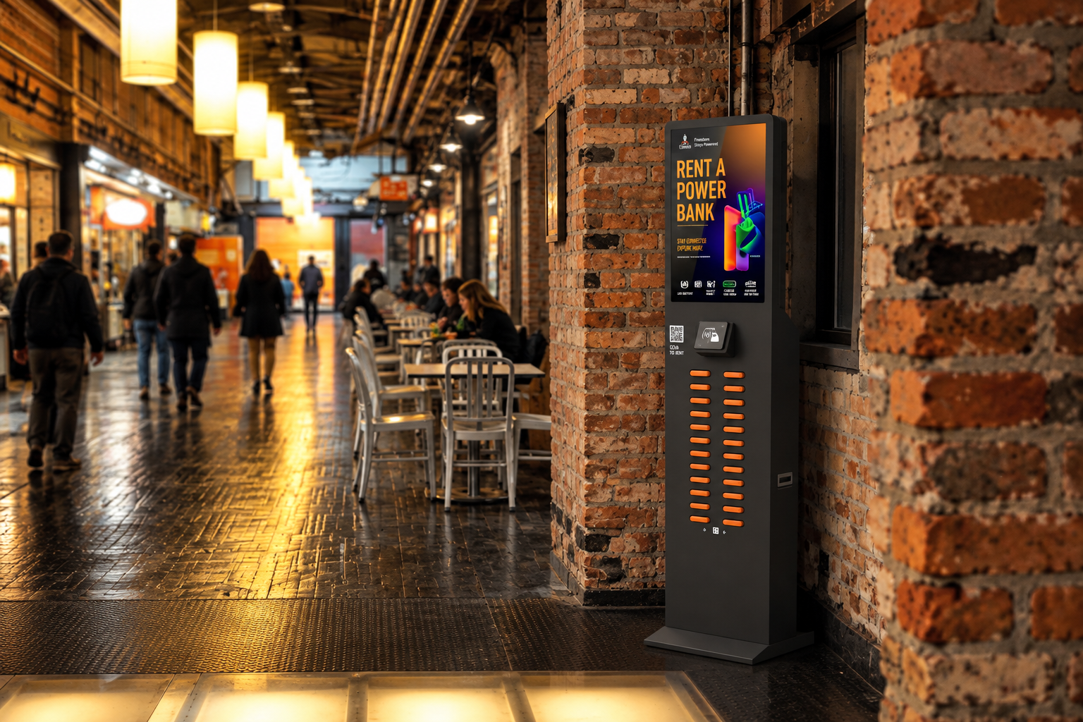 Guest PowerUp portable charging station placed along the brick concourse at Chelsea Market
