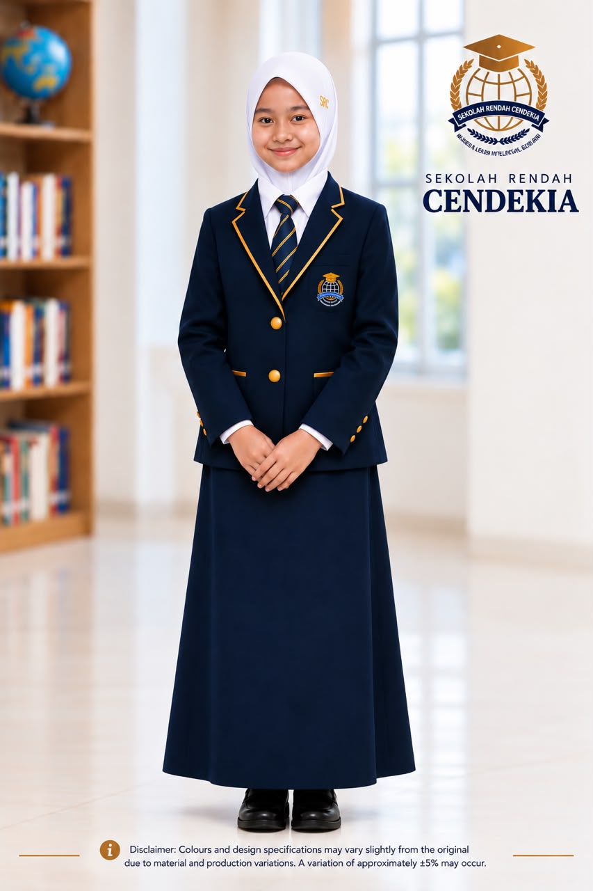Sekolah Rendah Cendekia Girls’ Formal Blazer Uniform with navy blazer, gold piping, tie, hijab and maxi skirt