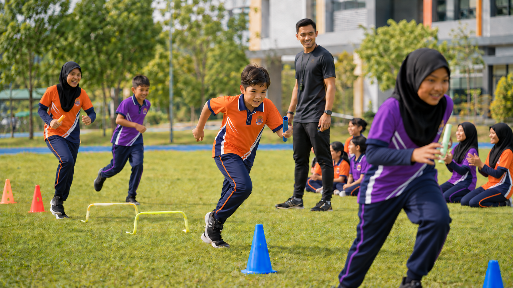 Pupils participating in outdoor sports and relay games on the school field under coach supervision.