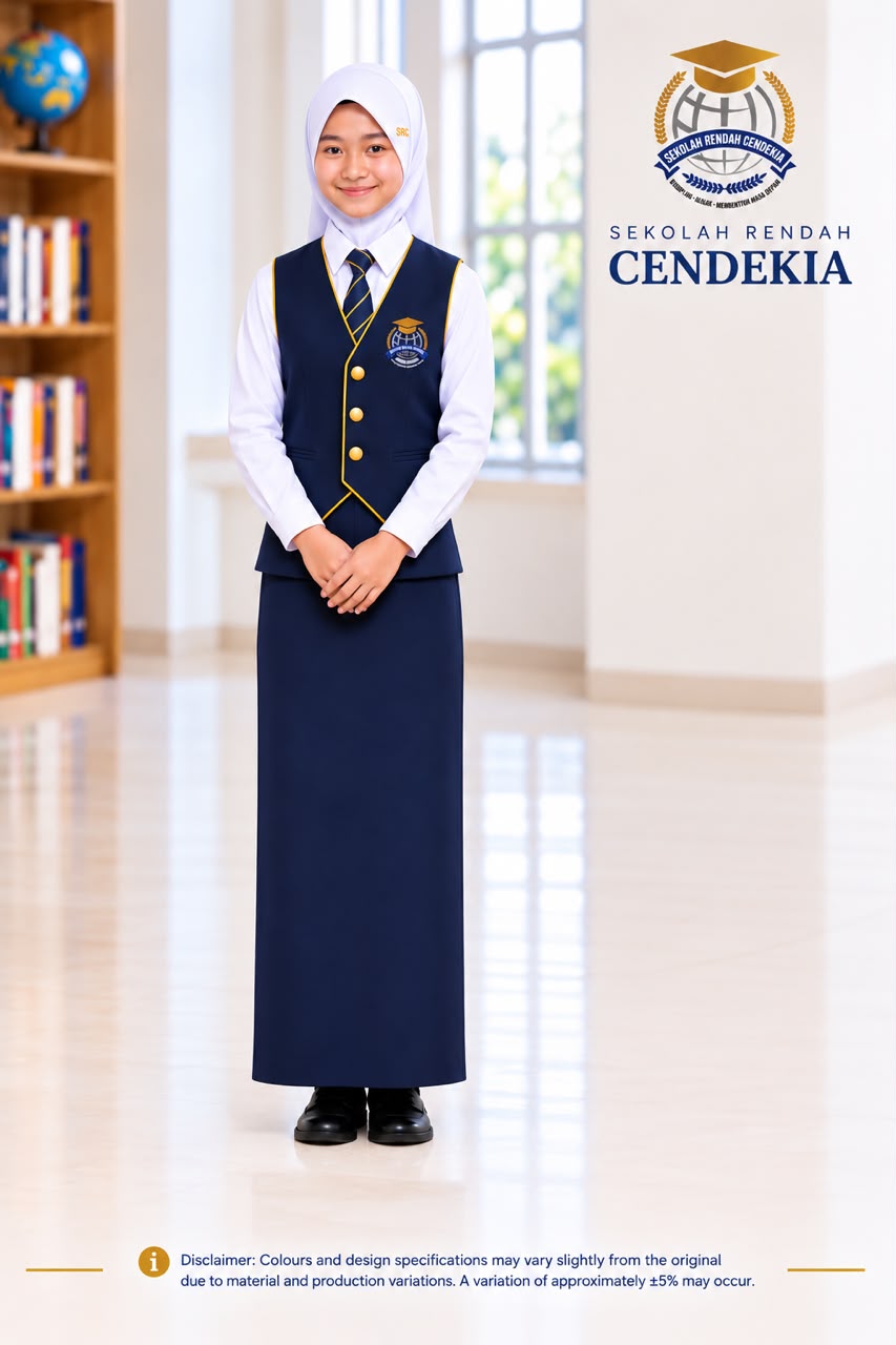 Sekolah Rendah Cendekia Girls’ Daily Uniform with waistcoat, white shirt, tie, hijab and maxi skirt