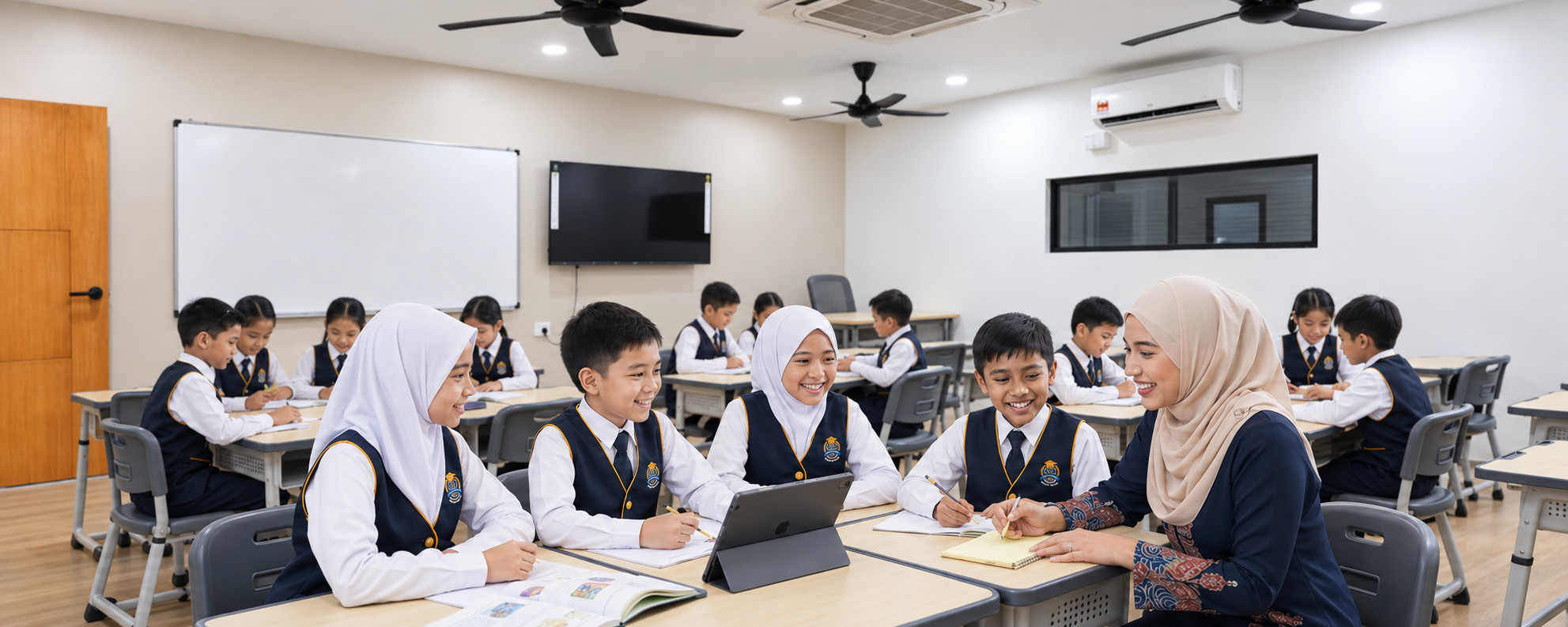Teacher guiding students in a collaborative classroom at Sekolah Rendah Cendekia.