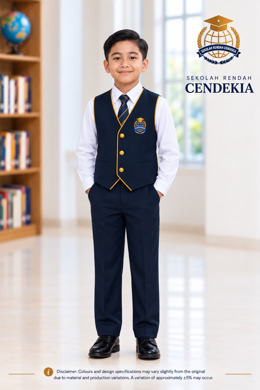 Sekolah Rendah Cendekia Boys’ Daily Uniform with waistcoat, white shirt, tie and trousers