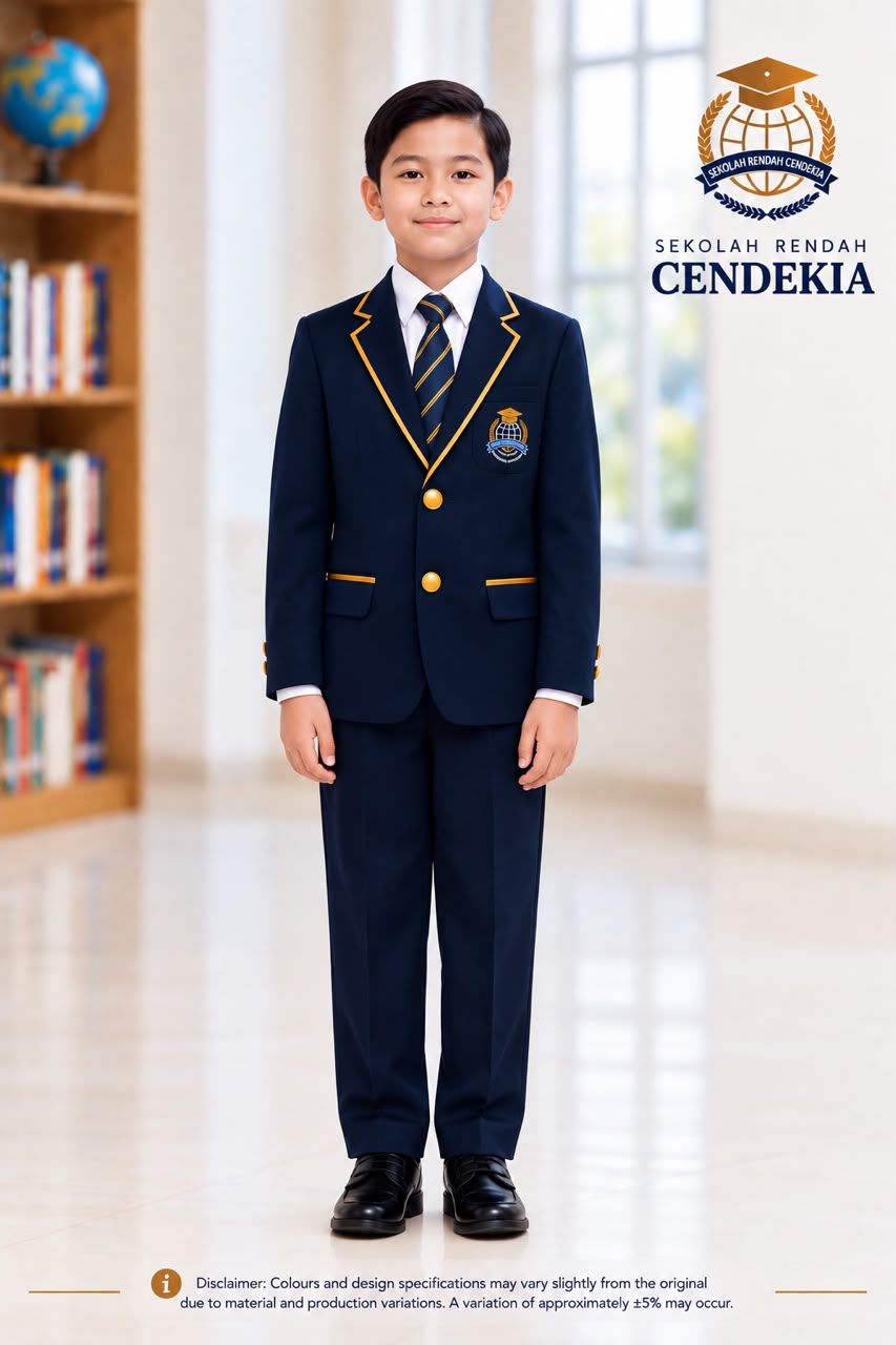 Sekolah Rendah Cendekia Boys’ Formal Blazer Uniform with navy blazer, gold piping, tie and trousers