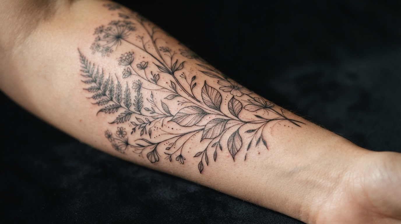 Fine-line black and grey tattoo detail