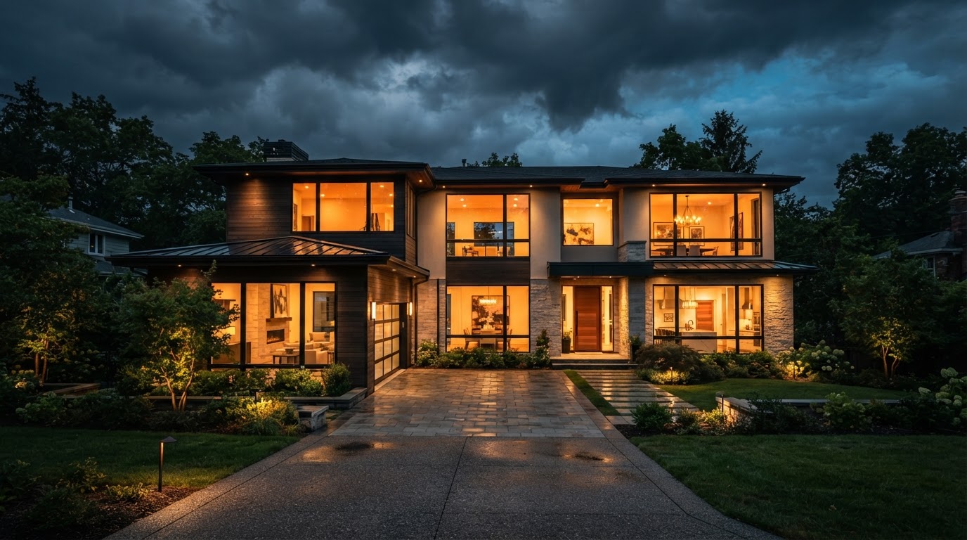 Completed luxury home renovation at dusk