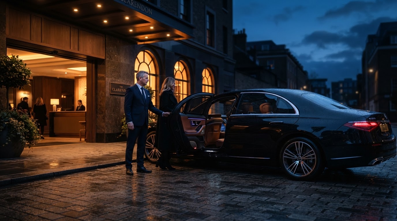 A professionally presented executive vehicle at an understated hotel entrance at dusk