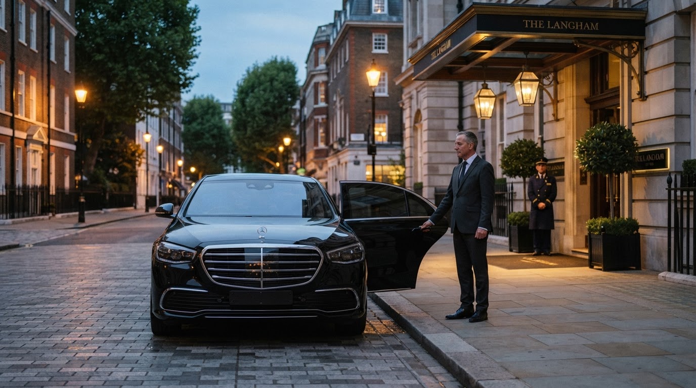 Luxury executive sedan on a quiet avenue at dusk with a professional chauffeur