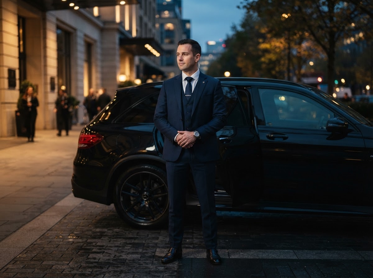 Secure transportation escort accompanying a client to a vehicle