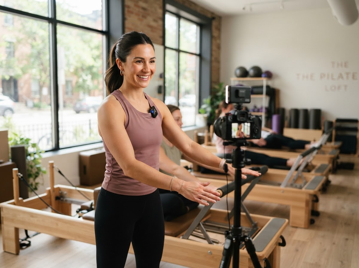 Pilates studio instructor smiling on camera during video shoot