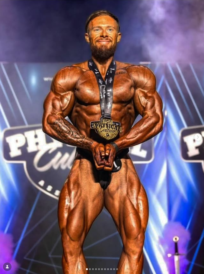 James Alabaster most muscular pose wearing PCA 1st Place Gold Medal