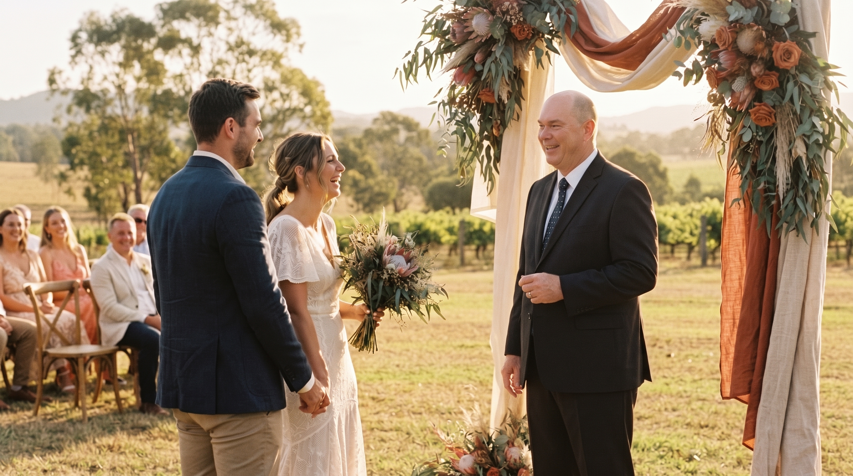 Marcus Kroek officiating an outdoor vineyard wedding ceremony