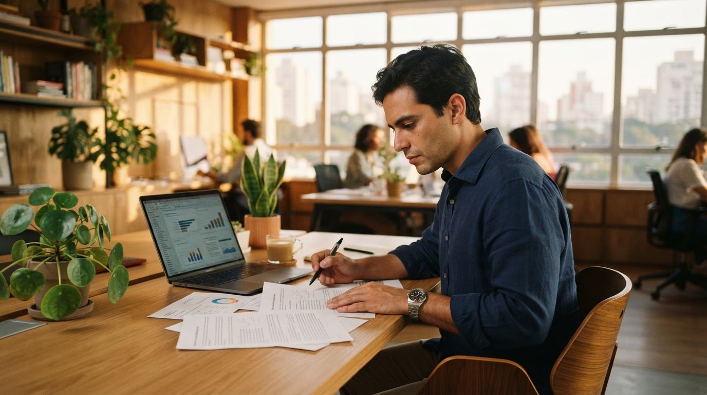 Empresario latino revisando su base de clientes en la oficina