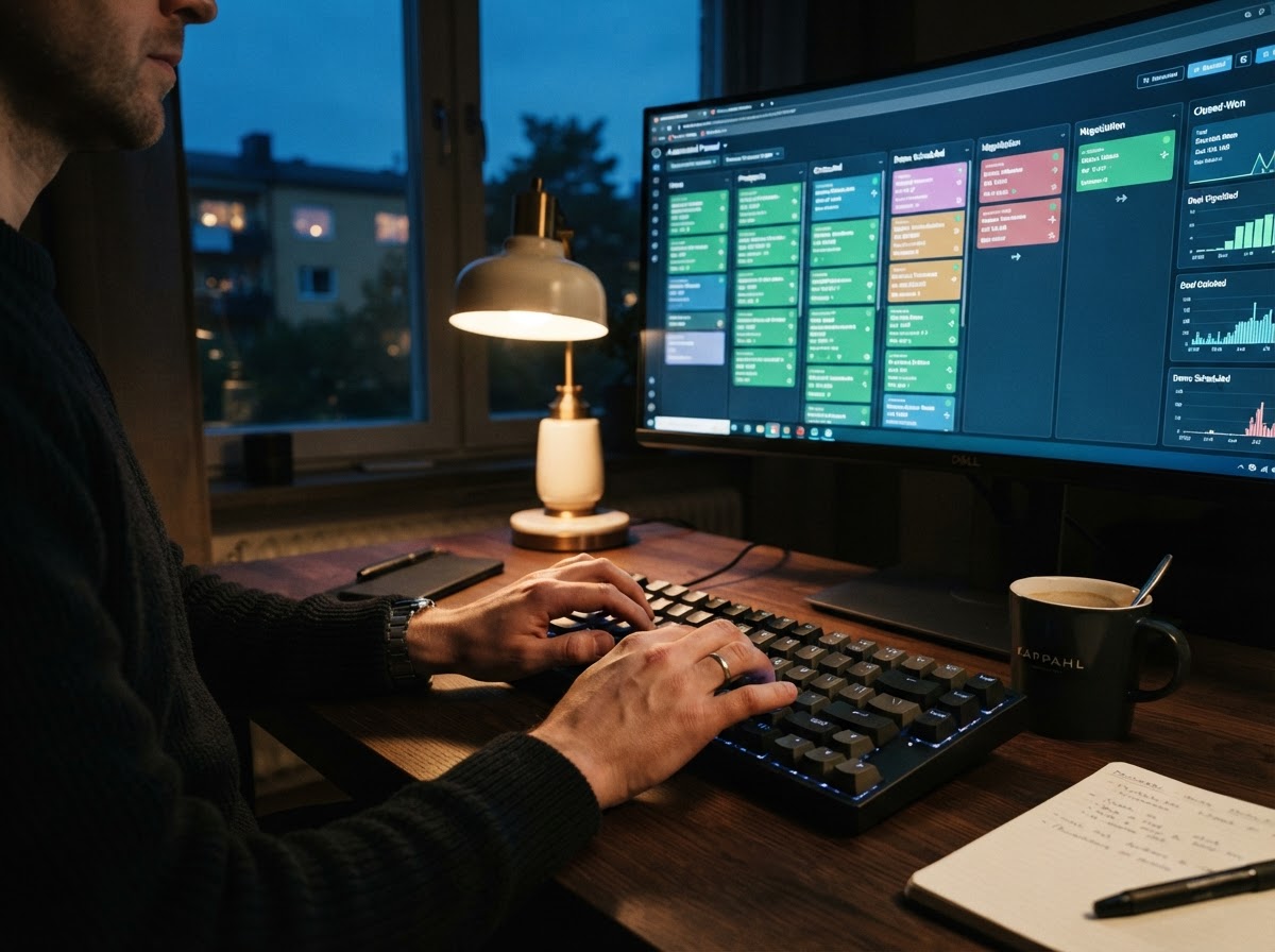 Teclado y monitor con pipeline de ventas automatizado en la oficina