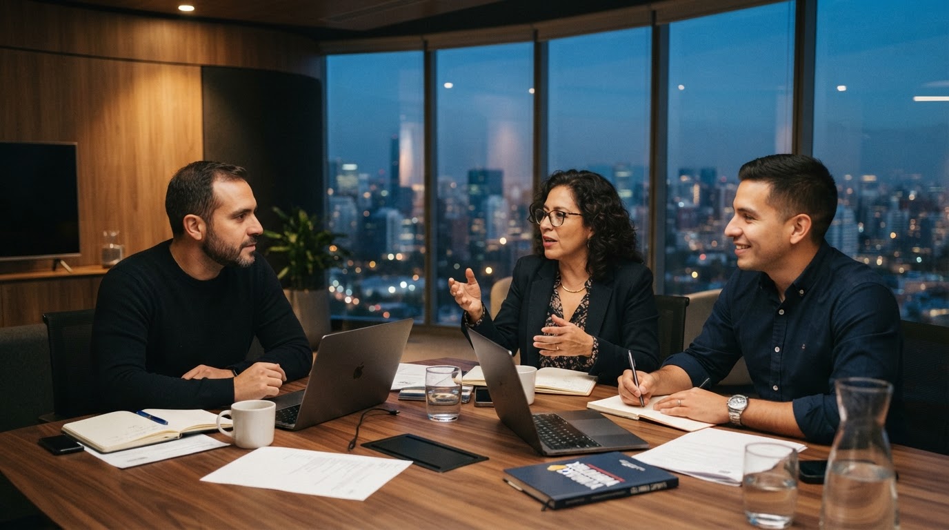 Equipo de negocio latino trabajando junto a sus clientes
