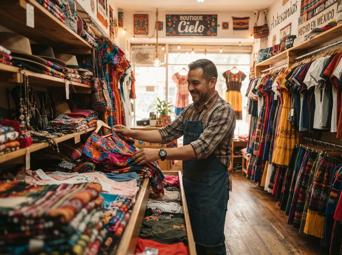 Dueña de tienda latinoamericana atendiendo a una clienta feliz