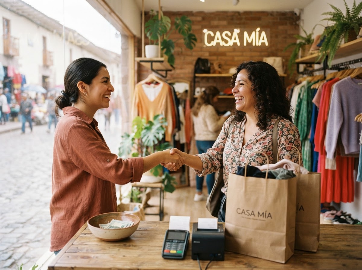Vendedora latina cerrando una venta con una clienta feliz en su tienda