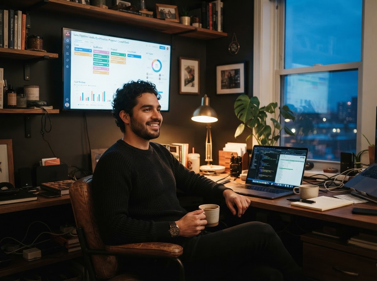 Empresario latino tranquilo trabajando con su CRM en la oficina