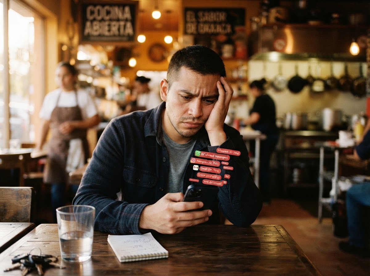Dueño de negocio latino abrumado por mensajes sin responder en su teléfono