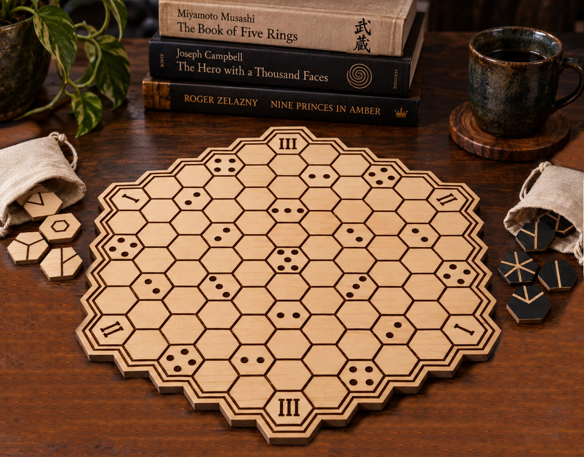 HEXFLOW Basic Physical Board Design on wooden tabletop with hexagonal pieces