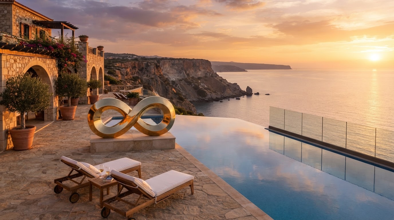 A large gold horizontal infinity sculpture stands on a luxury Cyprus cliffside terrace overlooking the Mediterranean coastline at sunset