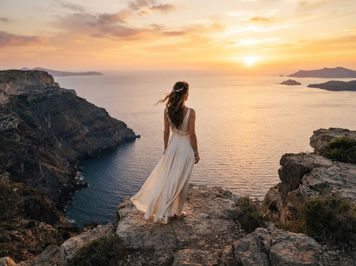 A woman stands on a cliff edge overlooking the sea at sunset