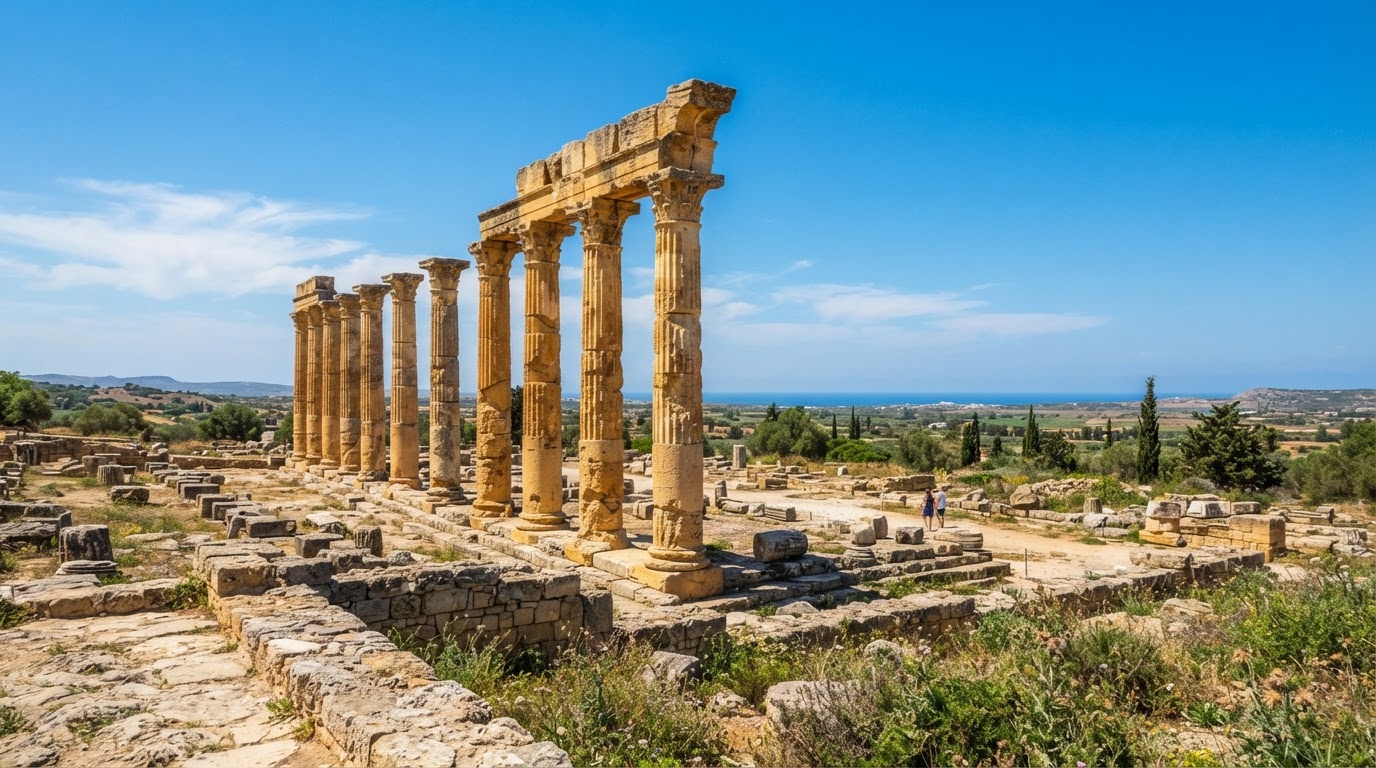 Ancient stone columns of a Cypriot temple against a clear sky