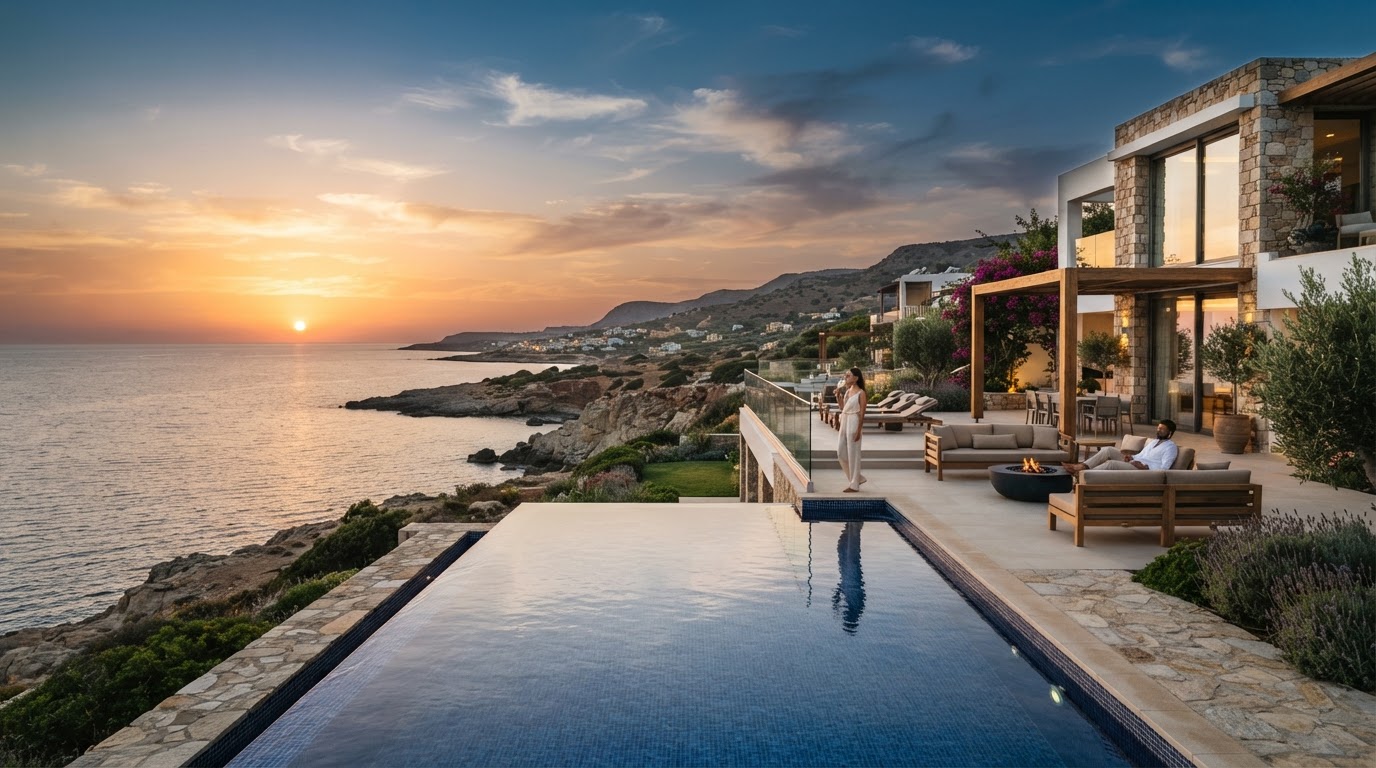 A cliffside villa with an infinity pool overlooking the Cyprus coast at sunset