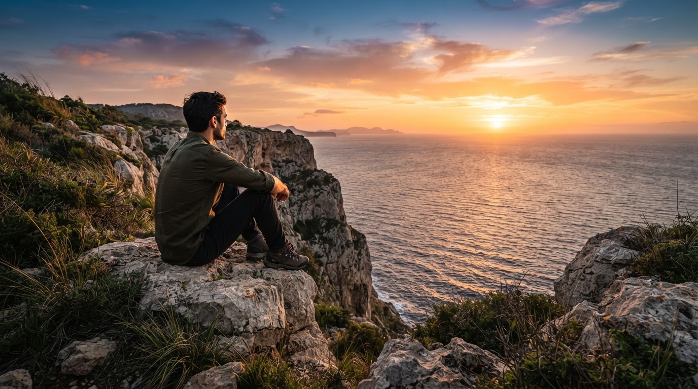 A man sits alone on a cliff edge looking out at the sunset