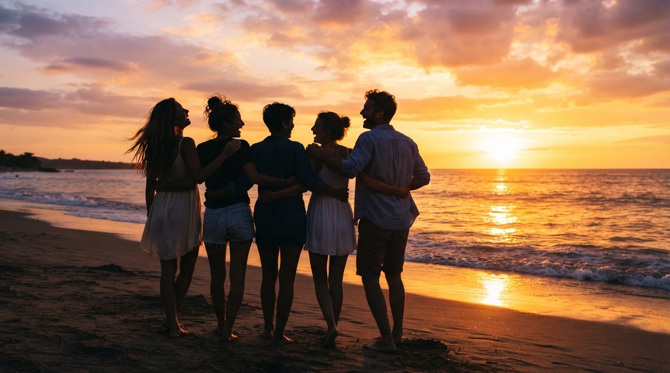 A group stands arm in arm watching the sunset over the sea
