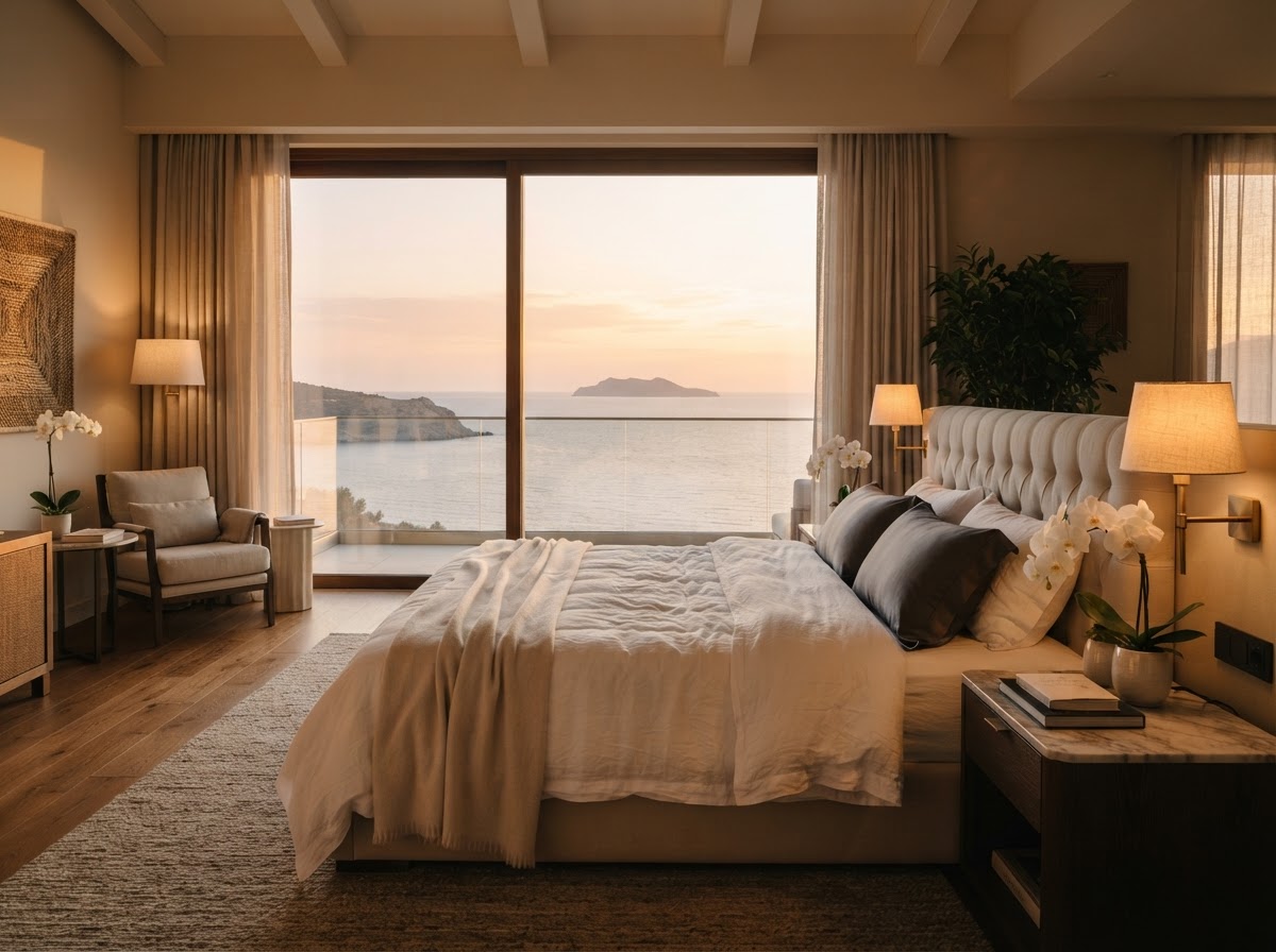 A private suite bedroom with a sea view