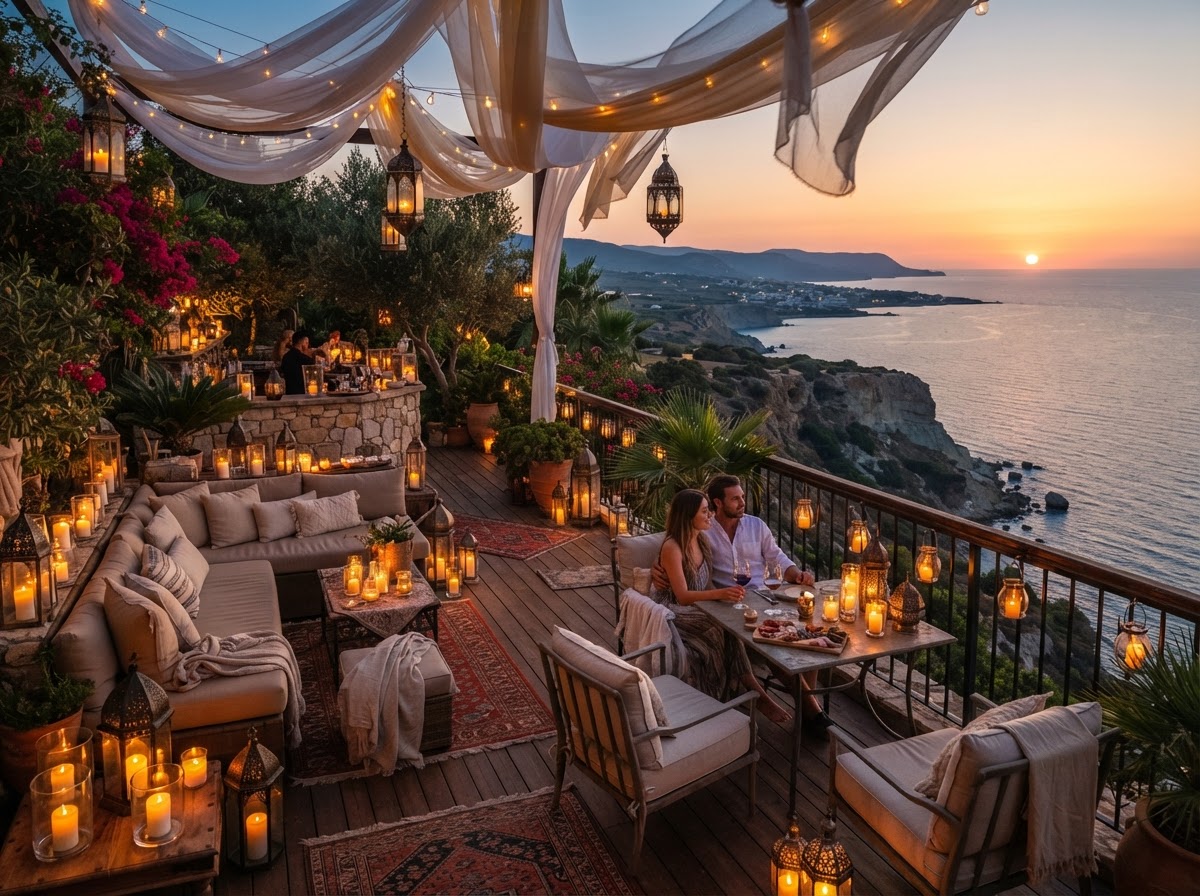 A candle-lit outdoor lounge and dining terrace overlooking the Cyprus coastline at sunset