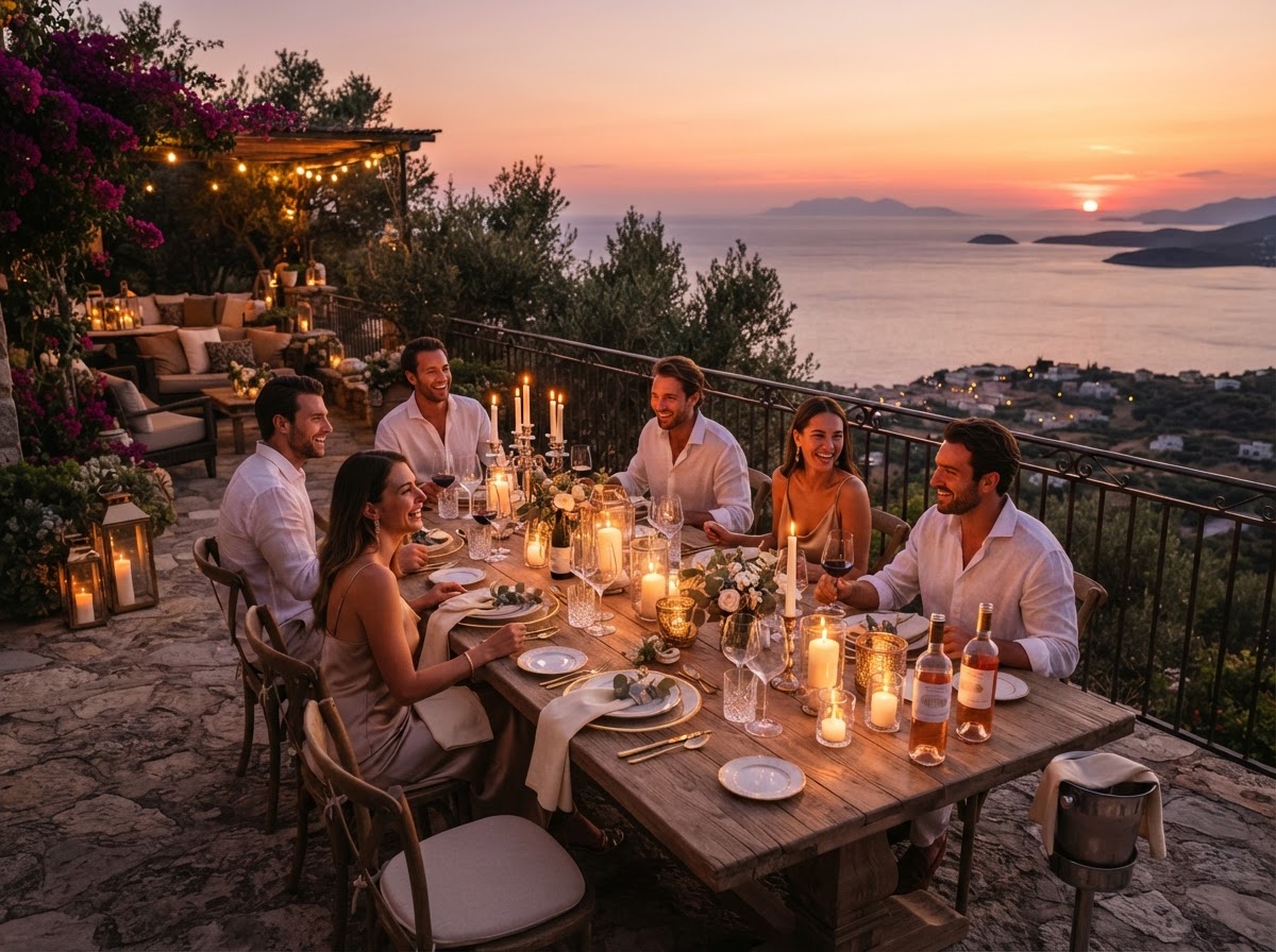 A candle-lit dinner table set for the group at sunset