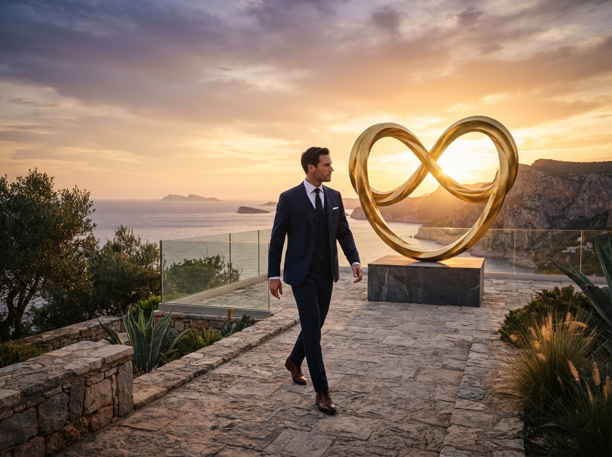 A man walks toward a gold infinity sculpture at sunset