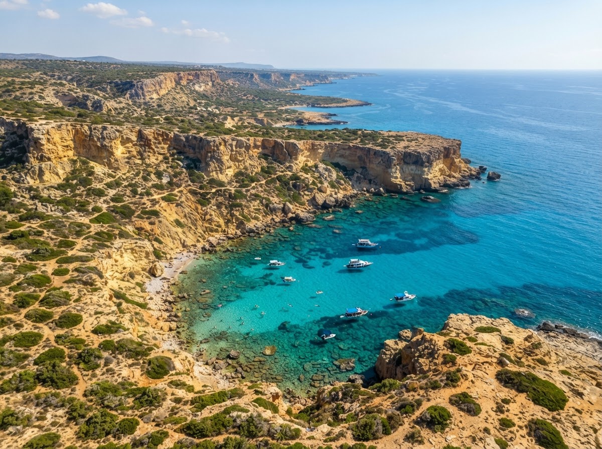 Aerial view of a turquoise bay and coastline in Cyprus