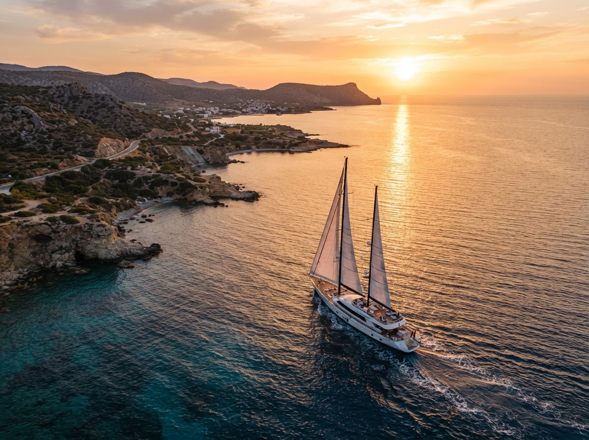 Sailing along the Cyprus coast at sunset