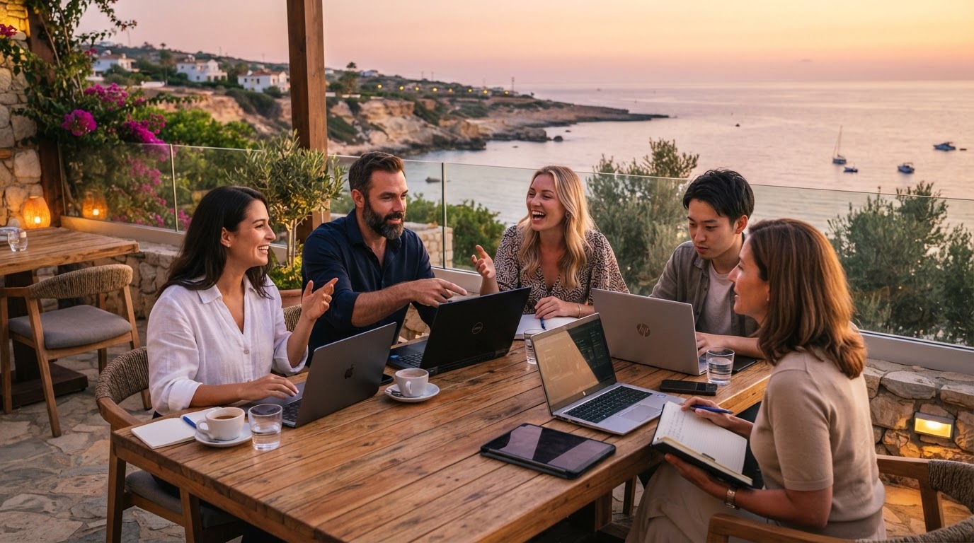 A group works around a table with laptops on an outdoor terrace overlooking the coast