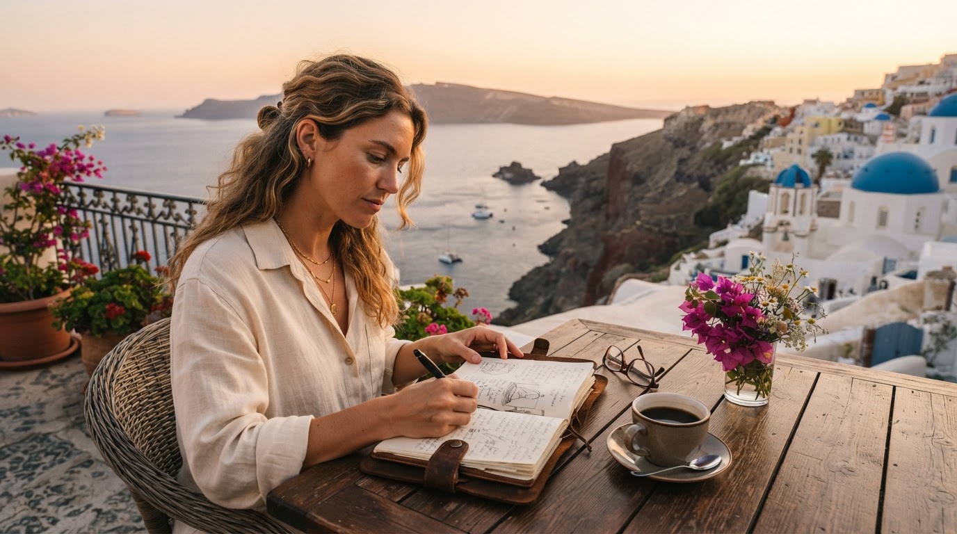 A woman writing in a journal with coffee beside her, overlooking the sea