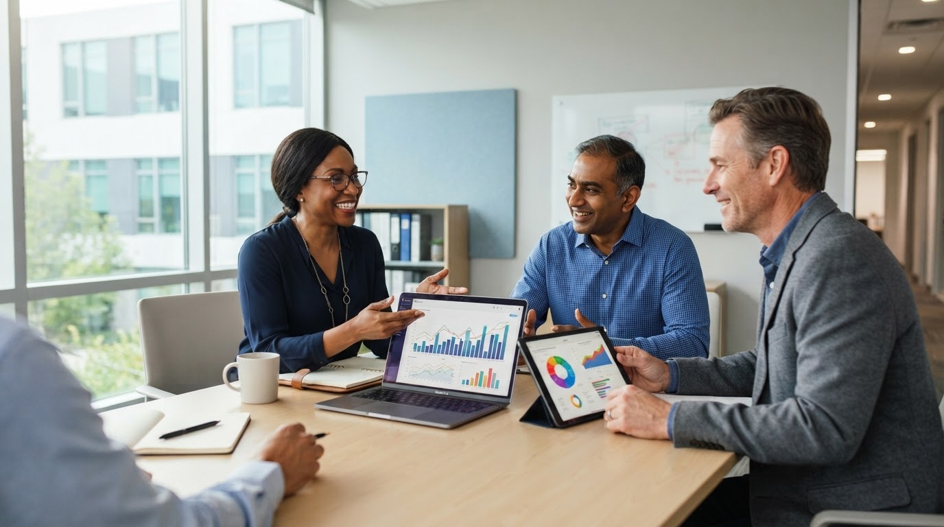 A diverse group of medical practice leaders reviewing practice performance together in a modern independent medical practice office