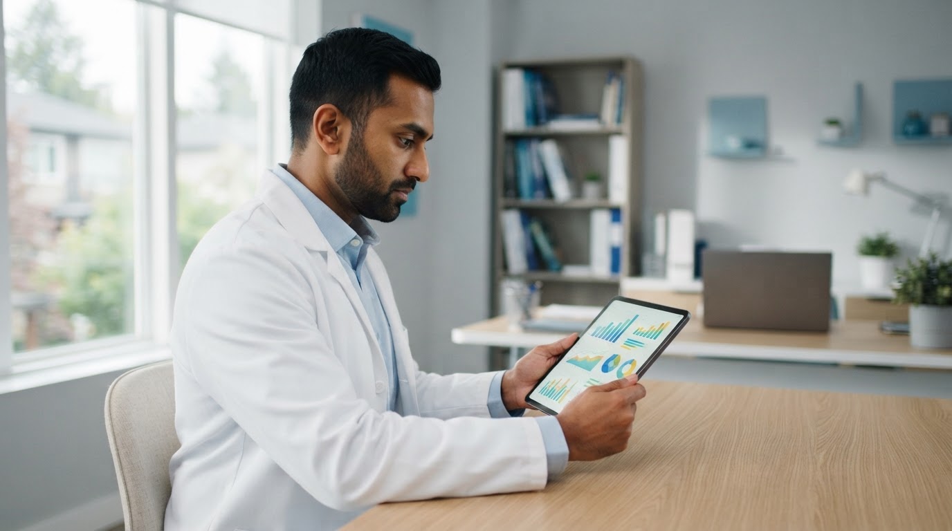A physician reviewing revenue cycle and billing analytics on a tablet