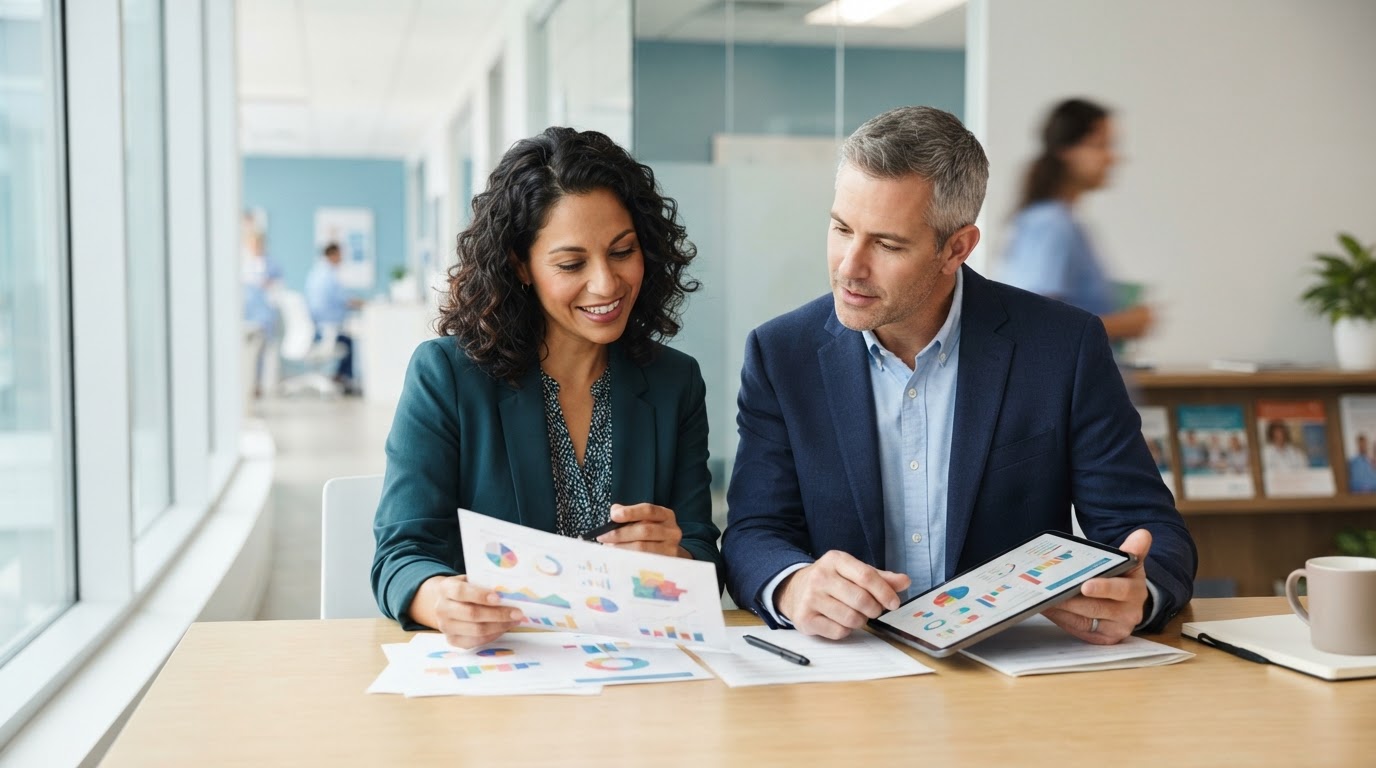 Healthcare practice administrators reviewing operational reports together at a modern desk