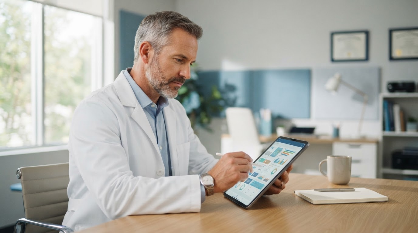 A physician reviewing and documenting patient charts on a tablet at a modern desk