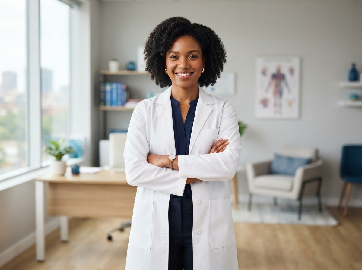 A confident physician practice owner in a bright modern independent medical practice office