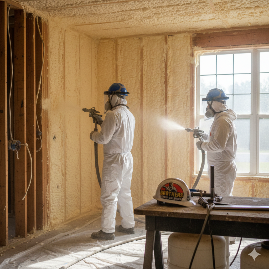 Brother's Foam Solution technicians applying spray foam insulation