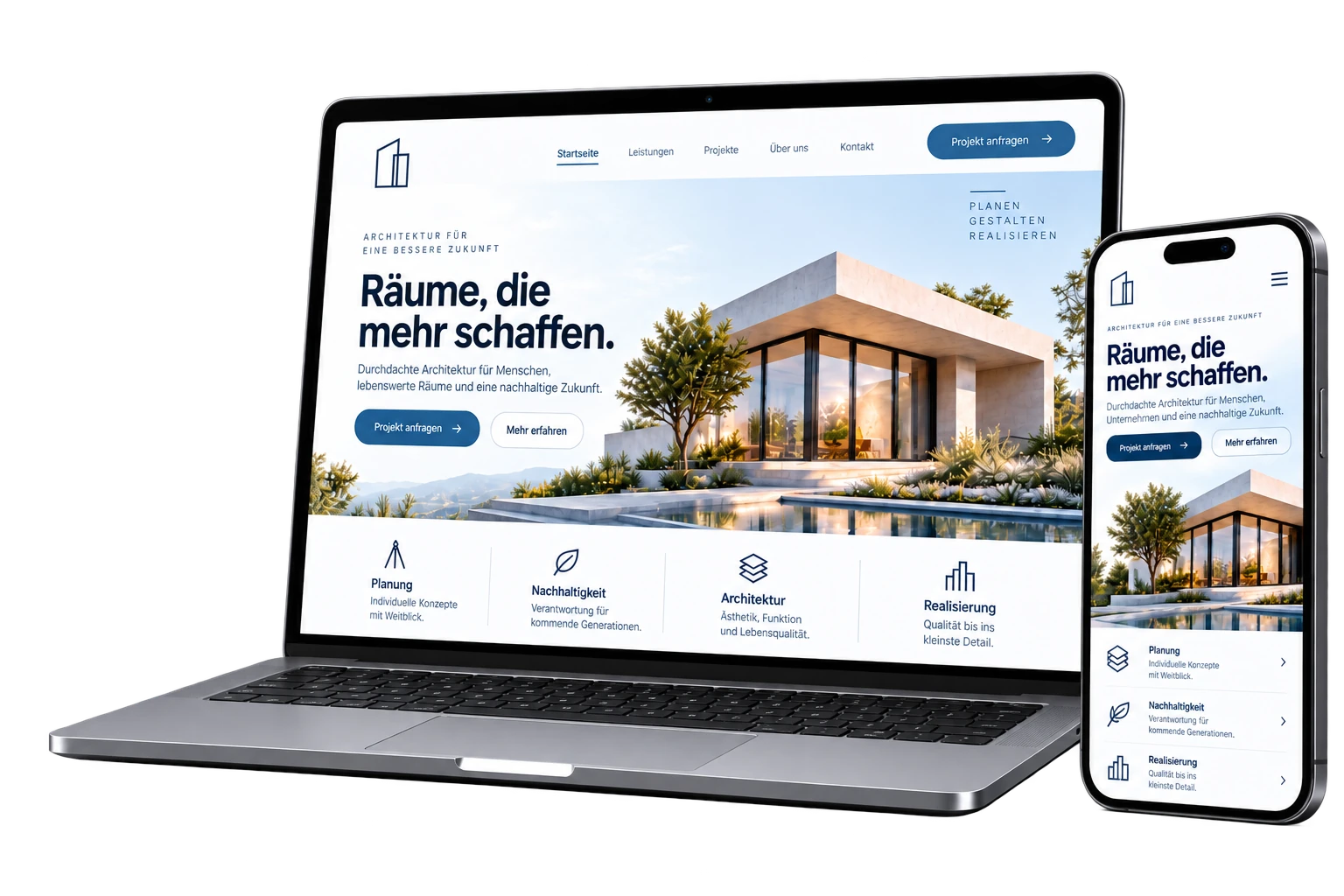 Hochwertige Unternehmenswebsite auf Laptop, Smartphone und Broschüre