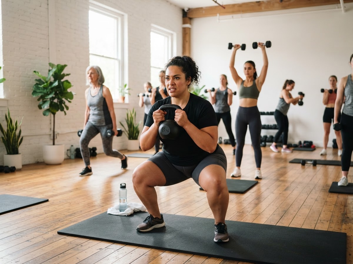Plus-size woman performing a goblet squat in a welcoming women's fitness studio
