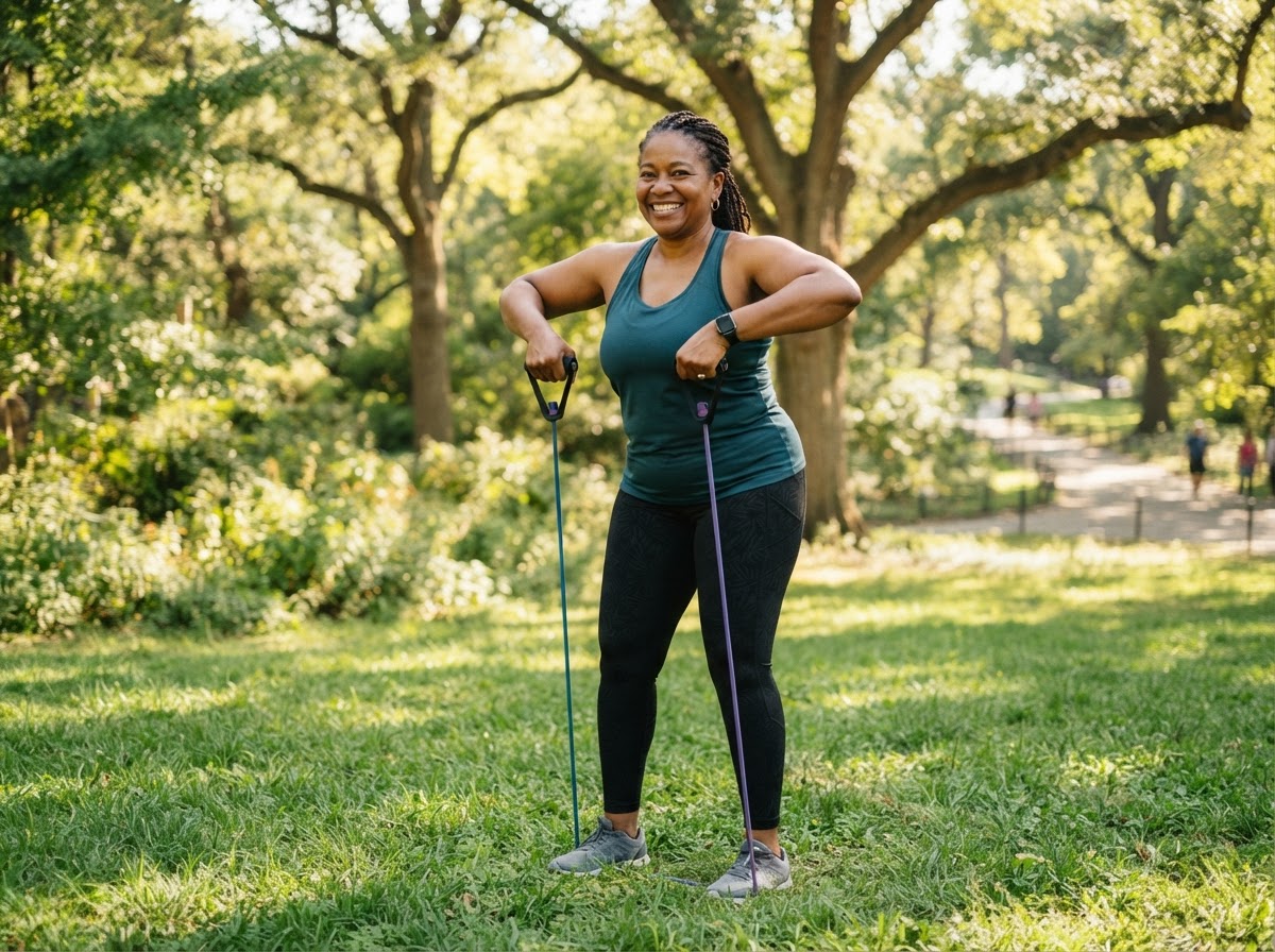 Mature plus-size Black woman doing resistance band training outdoors in a park