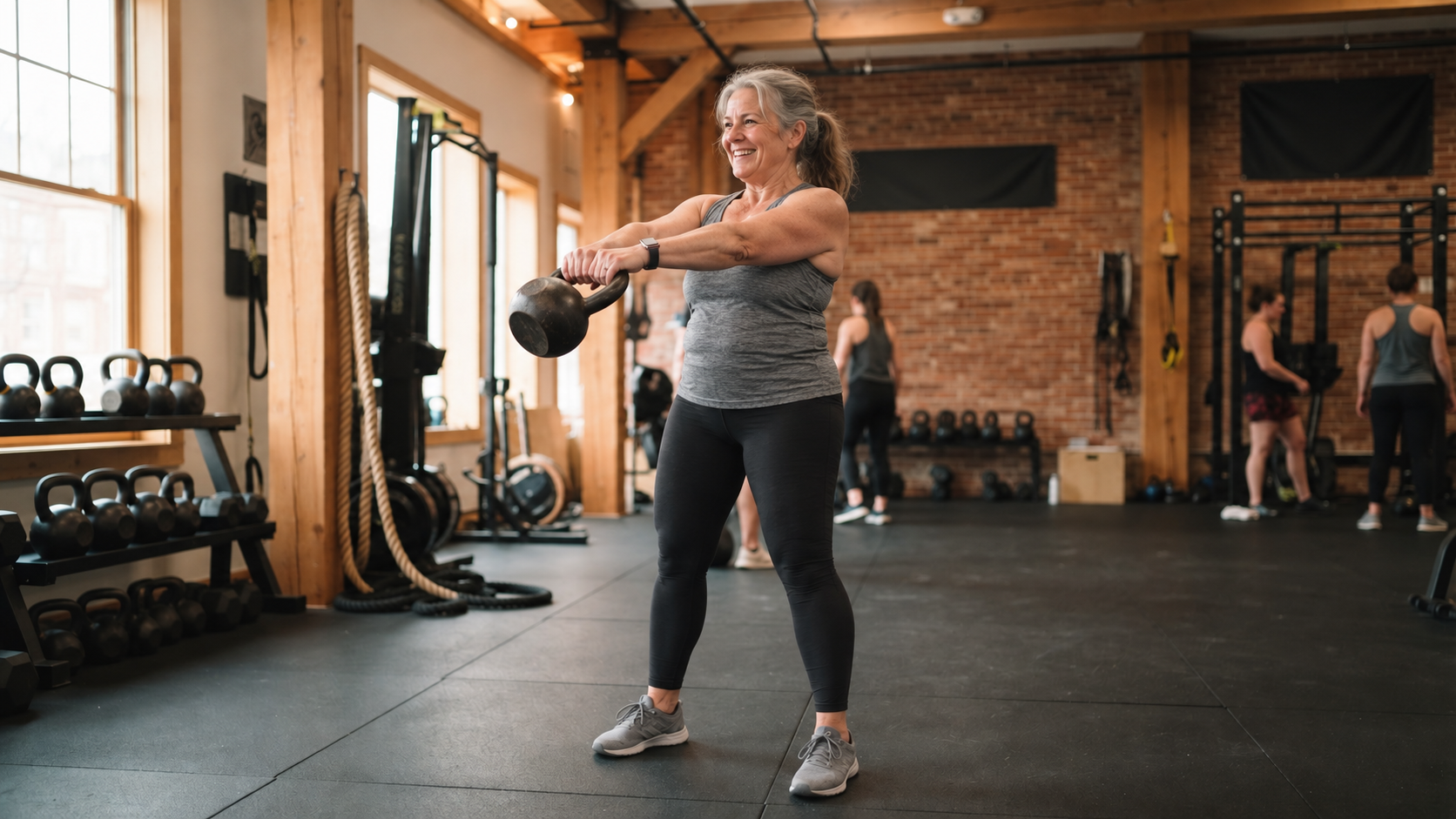 Active woman smiling while training with kettlebells at Ciana Rose Coaching